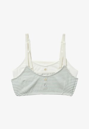 Deux brassières en coton pour filles avec bretelles réglables, l'une blanche et l'autre blanche à rayures grises avec trois boutons sur le devant.