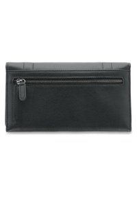 Black leather wallet with a textured surface, featuring a zippered pocket on one side and stitched details along the edge.