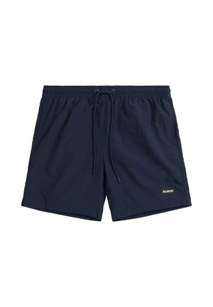 Granatowe szorty kąpielowe wykonane z lekkiego materiału, z elastycznym pasem w talii i regulowanymi sznurkami oraz małą łatą z logo.