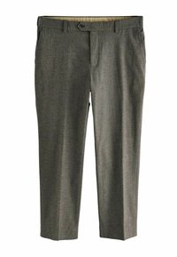 Gray dress pants with a subtle textured pattern, featuring a flat front, standard pockets, and a zip fly with a button closure.
