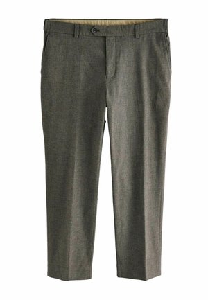 Grau dressierte Hose mit einem dezenten strukturierten Muster, flacher Vorderseite, normalen Taschen und einem Reißverschluss mit Knopfverschluss.