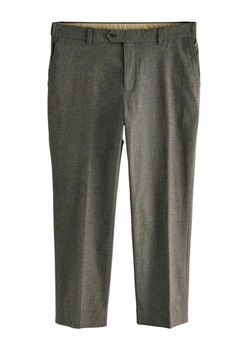 Gray dress pants with a subtle textured pattern, featuring a flat front, standard pockets, and a zip fly with a button closure.