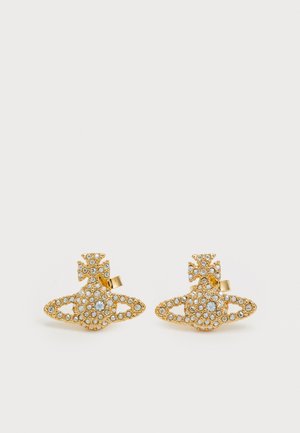 Gold earrings featuring a geometric design adorned with multiple clear rhinestones, showcasing a textured surface and intricate detailing.