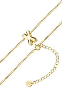 Zelta ķēdīte ar gludu, stilizētu 'X' piekariņu. Ietver omā ķēdīti ar omā sistēmu un regulējamu garumu ar noapaļotu logo uzkabi.