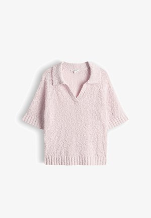 Light pink short-sleeve knit sweater with a V-neck collar and ribbed cuffs and hem, laid flat on a white background.
