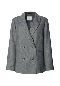 Blazer gris à chevrons croisé avec revers crantés et quatre boutons marron, présenté de face sur fond blanc.