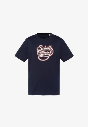 Kortärmelig T-shirt met ronde hals in marineblauw, met "Schott Official" in witte en rode cursieve letters middenvoor.