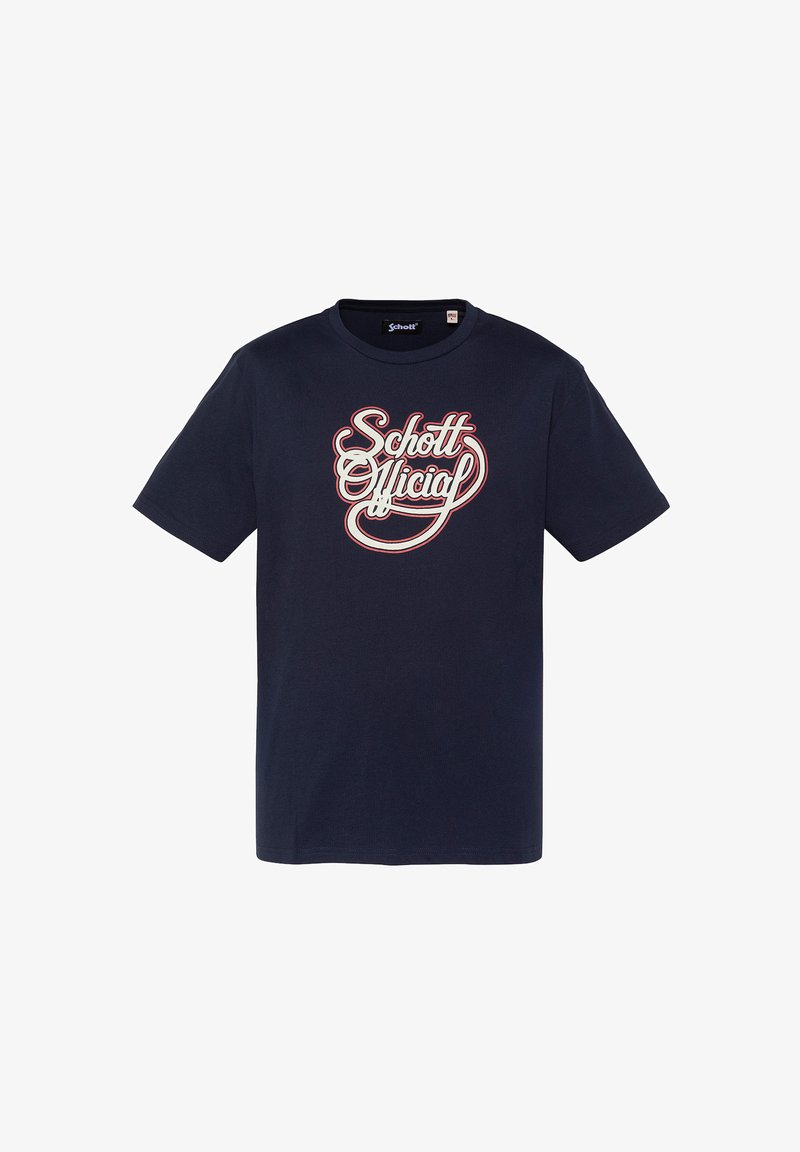 T-shirt bleu marine à manches courtes avec col rond, portant l'inscription "Schott Official" en écriture cursive blanche et rouge au centre devant.