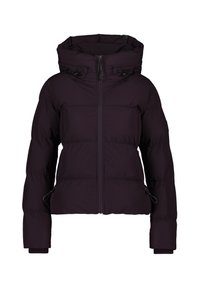 Paarse pufferjack met hoge kraag, ritssluiting aan de voorkant en verstelbare trekkoordcapuchon. Heeft elastische manchetten en zijkant verstelbare elementen.