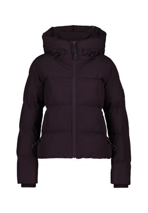 Lila Pufferjacke mit hohem Kragen, frontalem Reißverschluss und verstellbarem Kordelzugkapuze. Mit elastischen Bündchen und seitlichen Verstellmöglichkeiten.