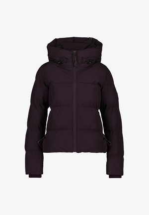 Paarse pufferjack met hoge kraag, ritssluiting aan de voorkant en verstelbare trekkoordcapuchon. Heeft elastische manchetten en zijkant verstelbare elementen.