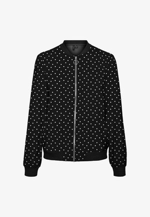 Czarna kurtka bomberka w białe kropki, z zamkiem z przodu, prążkowanym kołnierzem i mankietami oraz bocznymi kieszeniami. Wykonana z gładkiego, lekkiego materiału.