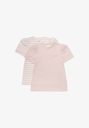 Roze t-shirts met korte mouwen, één effen en één gestreept, met pofmouwen. Zacht katoen met een gladde textuur.