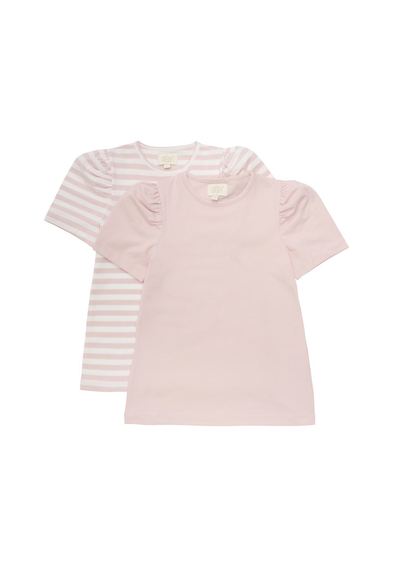 Roze t-shirts met korte mouwen, één effen en één gestreept, met pofmouwen. Zacht katoen met een gladde textuur.