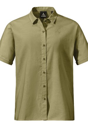 Olive green short-sleeve shirt made from lightweight fabric, featuring a button front, a classic collar, and a logo detail on the chest.