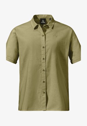 Olivengrünes Kurzarmhemd aus leichtem Stoff, mit Knopfleiste, klassischem Kragen und Logodetail auf der Brust.