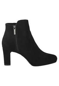 Czarne zamszowe botki za kostkę z bocznym zamkiem i obcasem o wysokości 3 cali. Gładka tekstura, okrągły czubek oraz minimalne detale przeszycia.