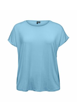 Svetlo modra ženska majica kratkih rokavov z ohlapnim krojem, okroglim izrezom in zavihanimi robovi rokavov.