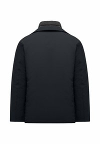 Black insulated jacket with a stand collar and smooth texture. The back features a clean design with no visible fastenings or logos.