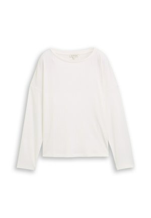 Maglietta a maniche lunghe bianca in maglia a coste con scollatura a girocollo e vestibilità rilassata, taglia media, mostrata su uno sfondo bianco semplice.