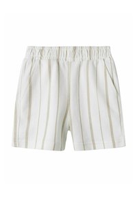 Hvide shorts med horisontale striber i beige, lavet af tekstureret stof, med elastisk talje og to sidelommer.