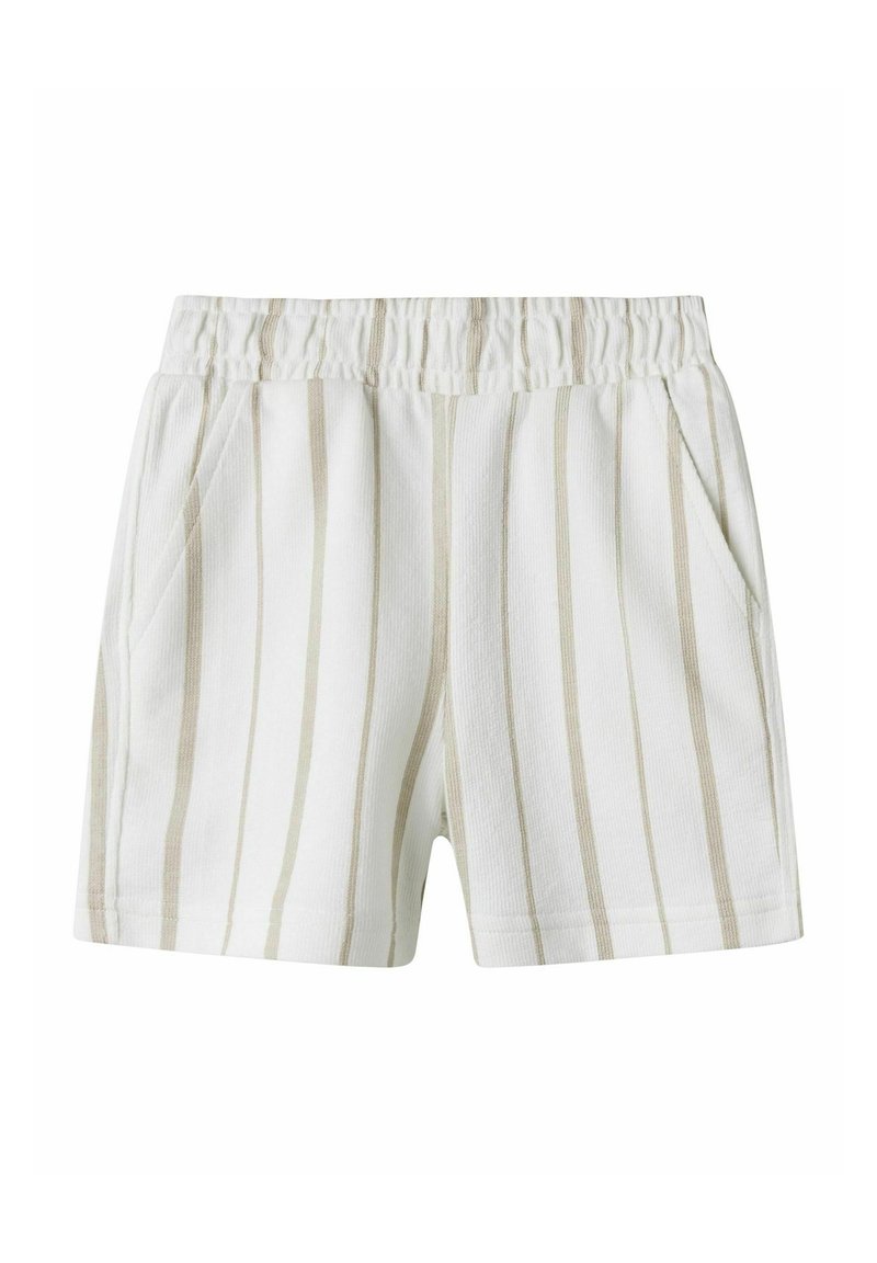 Hvide shorts med horisontale striber i beige, lavet af tekstureret stof, med elastisk talje og to sidelommer.