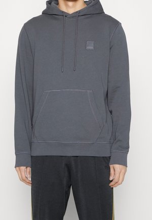 Gray hoodie in soft fabric with a front kangaroo pocket, adjustable drawstring hood, and a small logo patch on the chest.