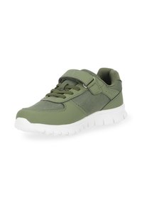 Green athletic shoes with a mesh upper, lace closure, and Velcro strap. Features a white rubber sole with a textured tread design.