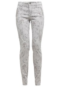 Ljust grå figurformade byxor med ett blommönster i dämpad rosa och grön. Har fickor och dragkedjestängning. Tillverkade av mjukt bomullstyg.