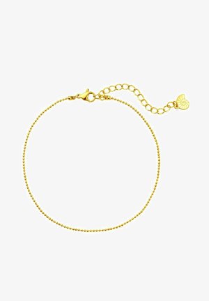Gold beaded bracelet with a lobster clasp, featuring a delicate chain extension and a small shell charm as an accent.