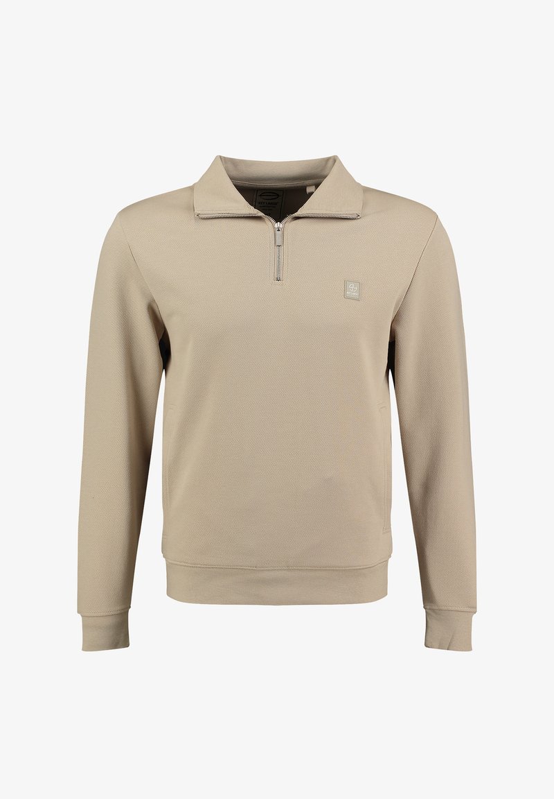 Suéter beige con cuello de cremallera hasta el cuarto, hecho de tela texturizada. Presenta un pequeño y sutil logo en el pecho y puños acanalados.