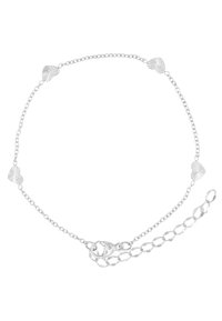 Silver chain anklet featuring textured heart and seashell charms, with a delicate link design and a secure clasp.
