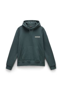 Groene pullover hoodie met een voorzak, trekkoordcapuchon en een klein logo op de borst gedrukt. Zacht, gestructureerd katoenen blendmateriaal.