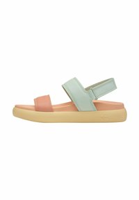 Colorful sandal with a mint green upper, peach strap, and beige sole. Features adjustable straps and a textured material for comfort.