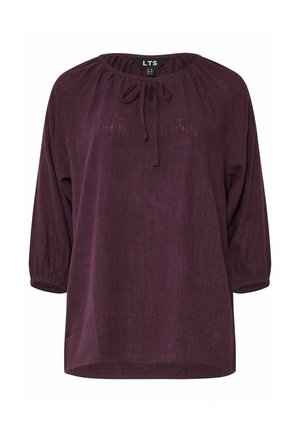 Paarse, losse blouse met driekwartmouwen, een geplooide halslijn en een strikdetail. Gemaakt van textuurstof.