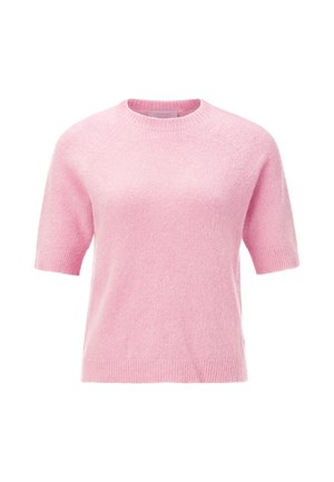 Maglione rosa a maniche corte realizzato in materiale morbido, con collo e orlo a coste, dal fit rilassato e una texture a maglia fine.