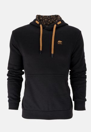 Sudadera negra con un forro interior de patrón geométrico, cordones de contraste en color beige y un bolsillo tipo canguro en la parte delantera. Presenta puños y dobladillo acanalados.