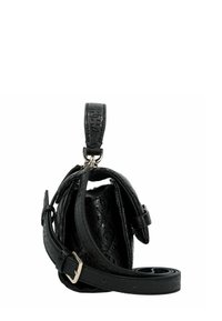 Sac en cuir noir texturé à bandoulière réglable et boucle en argent, présenté de côté sur un fond blanc.