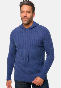 Gestickter blauer Kapuzenpullover mit gerippter Textur, langen Ärmeln und Kordelzug. Hat eine lockere Passform und wechselnde vertikale Muster.