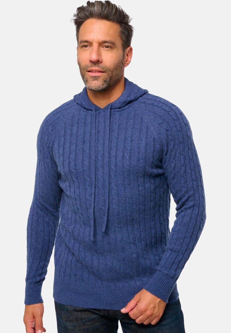 Gestickter blauer Kapuzenpullover mit gerippter Textur, langen Ärmeln und Kordelzug. Hat eine lockere Passform und wechselnde vertikale Muster.