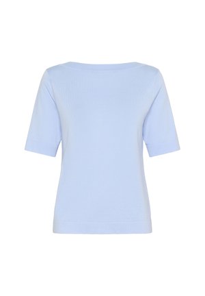 Light blue short-sleeve top with a round neckline, made from soft fabric, featuring a simple design and no visible patterns or accents.