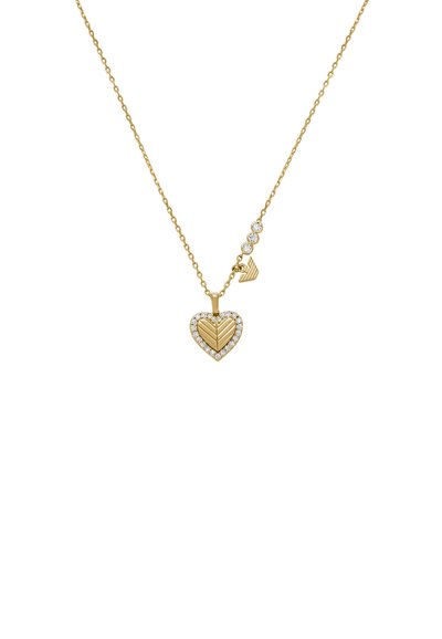 Halsband med hjärtformat guldpendant som har en texturerad design och en kant av klara ädelstenar, med ett ytterligare litet hänge och kedja.