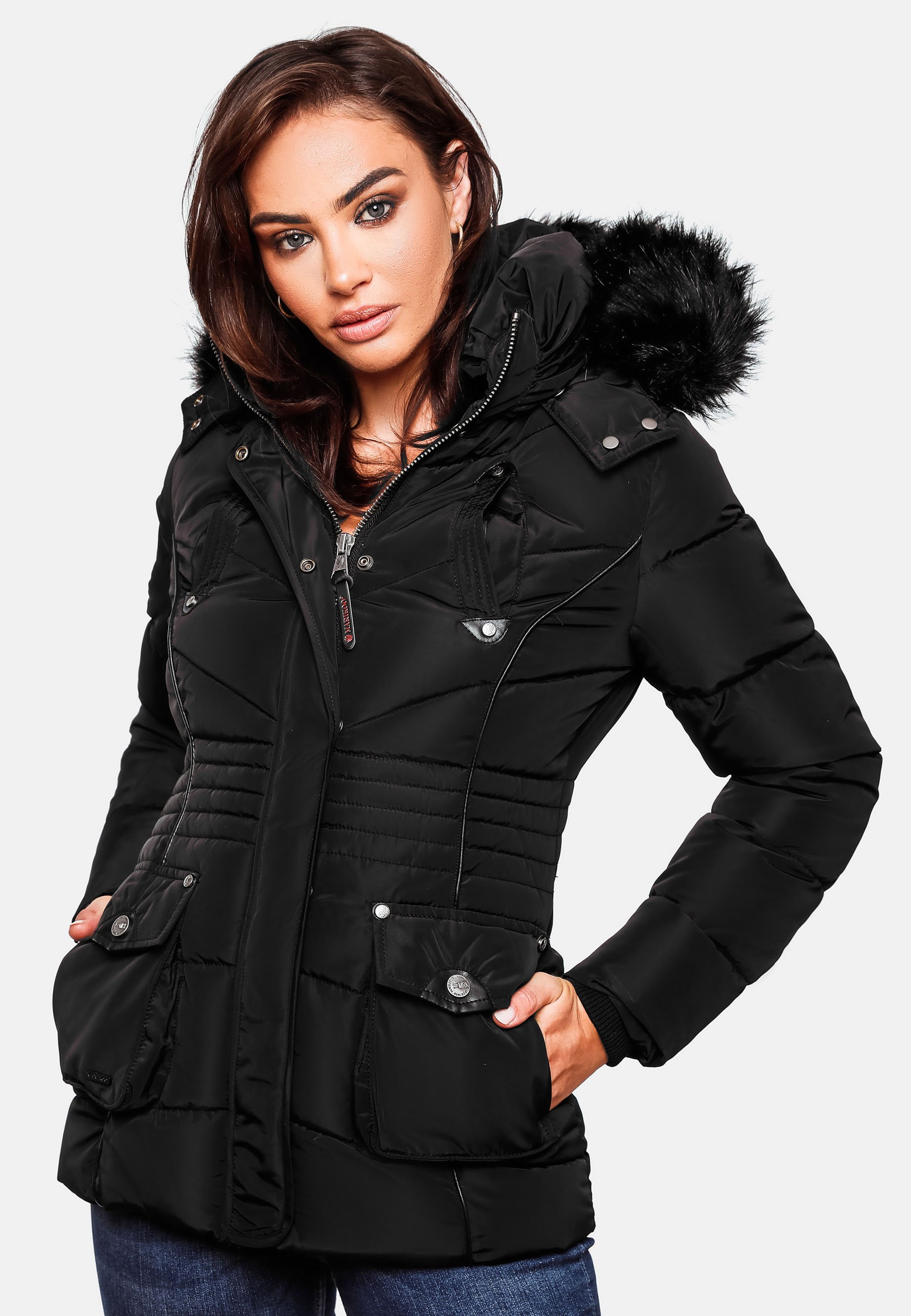 MARIKOO - Giacca Invernale Da Donna Trapuntata Con Pelliccia Sintetica Rimovibile Taglie Xs 3xl Nero Xl 106502684 - Foto 3