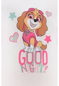 Cartoon dog graphic on a light background, wearing a pink outfit, with pink and teal star and heart accents, and "GOOD NIGHT!" in bold letters.