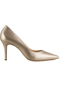 Escarpin en cuir beige à talon haut, avec un bout pointu et un design épuré. Il dispose d'un talon aiguille et d'une texture lisse et polie.