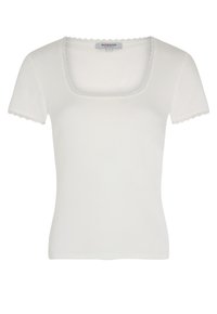 T-shirt blanc à manches courtes en tissu côtelé avec un col carré, agrémenté d'une délicate dentelle le long du col et des manches.