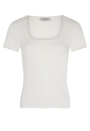 Korte mouwen witte T-shirt van ribbelstof met een vierkante halslijn, afgewerkt met een delicate kantafwerking langs de hals en mouwen.