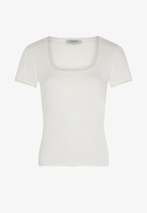 Korte mouwen witte T-shirt van ribbelstof met een vierkante halslijn, afgewerkt met een delicate kantafwerking langs de hals en mouwen.