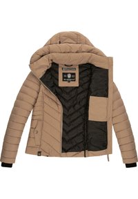Puffer jacket in light brown with a hood, featuring a black interior and side pocket, zip closure, and ribbed cuffs. Textured, quilted design.