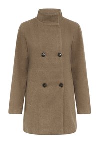Cappotto marrone doppiopetto in tessuto testurizzato, con colletto alto e due tasche frontali. Bottoni neri decorano la parte anteriore.